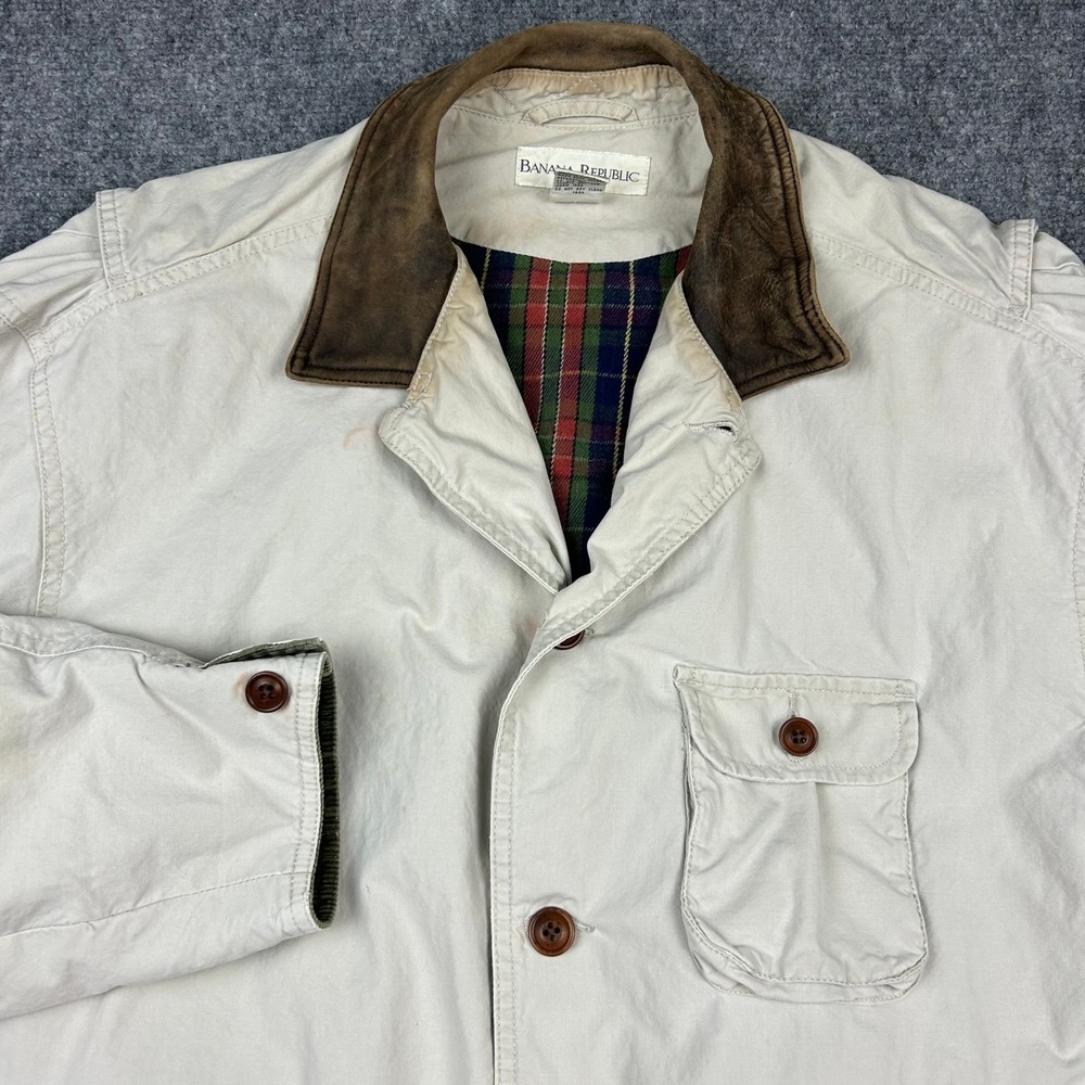 Banana Republic Field Jacket Men M Beige Leather Collar Plaid Lined Coat Vtg 80s